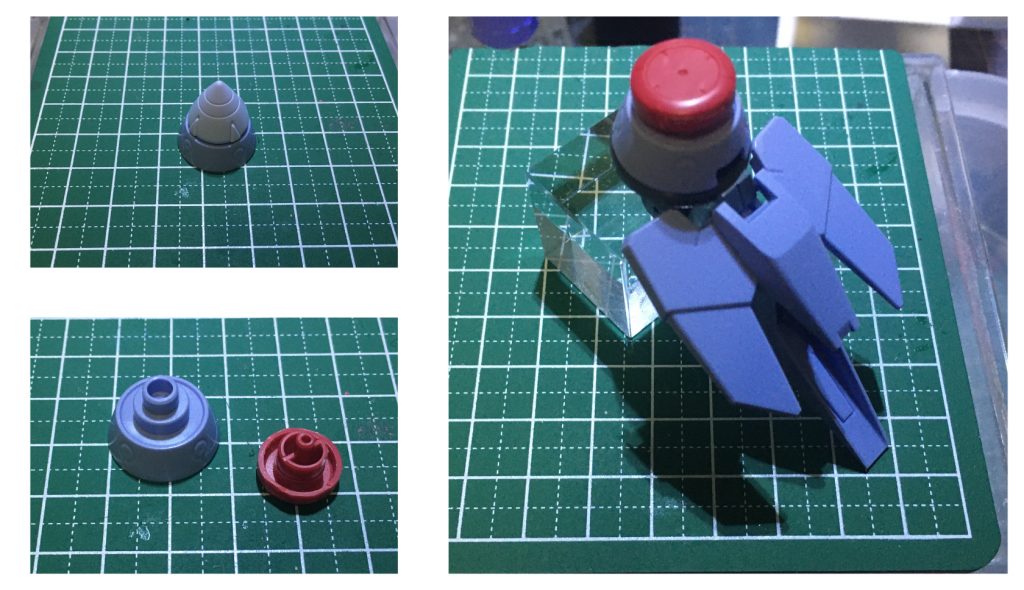 GNドライブジンクスのGNコーン部分は外して土台とさきほどのVKシールドの丸い部分を合体してあります。サイズはまさかのぴったり!この2つとジンクスの下半身部分を組み合わせてできています今回のお気に入りの部分です!