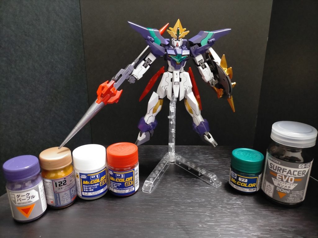 塗装レシピ機体白:GX1クールホワイト機体赤:GX3ハーマンレッド機体緑:C77メタリックグリーン機体紫:GB16ダークパープル機体、武器金:G122スターブライトゴールド関節等:GサフEvoガンメタ撮り忘れましたがセンサー等を今回金の上からエナメルクリアグリーンにて塗装です。御覧いただきありがとうございました( ≧Д≦)