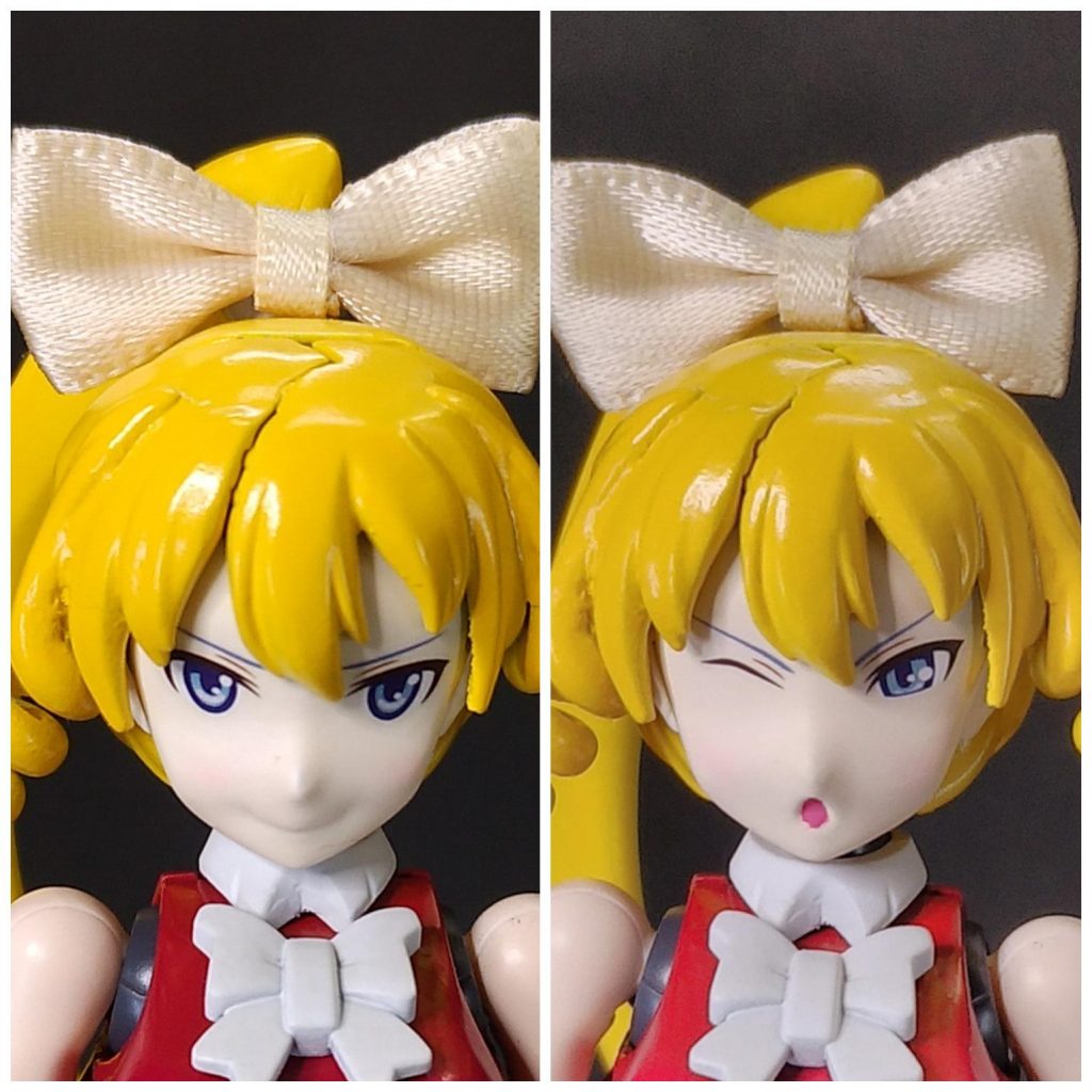 表情は2種類製作。ダイバーナミの顔パーツの瞳とまゆ毛をパテで埋めました。瞳は「ホビージャパンエクストラ 2017 summer」の付録デカールを使いました。