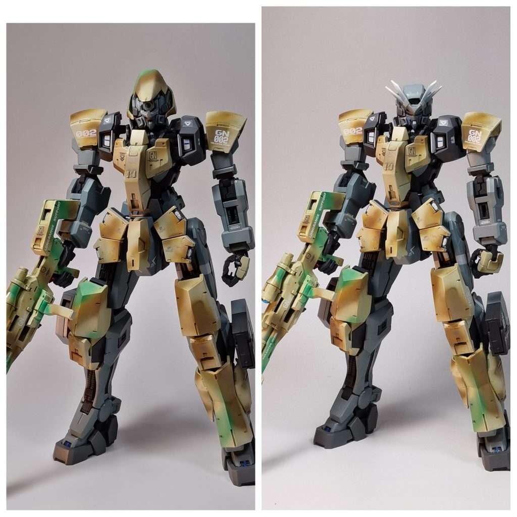 右下腿の追加装甲もありますが、狙撃姿勢がとりやすいように左右非対称で装着。地味な本体部分には赤青黄色緑と差し色を複数使用。本体の汚しは少なめに