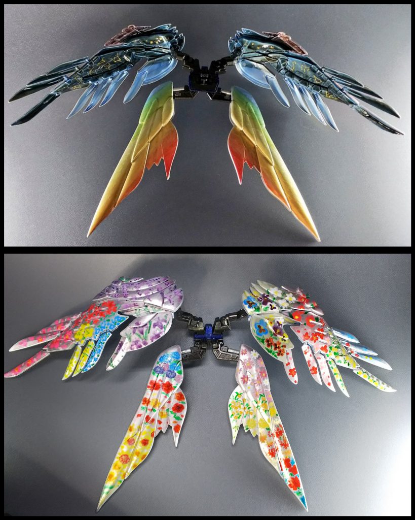 なんといっても、かなり時間を費やし頑張ったのは羽部分！！シルバー2度塗り…からの。前面は、→メタリック＋クリアカラーでグラデーション1回目→同様に2回目の調整グラデーション→ネイル用シールを貼り、光沢クリア1回目→光沢クリア2回目で仕上げ！！後面は、春夏秋冬にあわせて、四季の花々をひたすらペイント…。→クリア＋クリアカラーをうっすら上塗り→光沢クリアで仕上げ！！アクリジョン筆塗りでのメタリックグラデーション決めました(^^)b台座を仕上げてからの撮影が出来ておらず、完全完成から1年ほど経過してますが…記録として残しておきます(笑)最後までご覧いただき、ありがとうございました！！