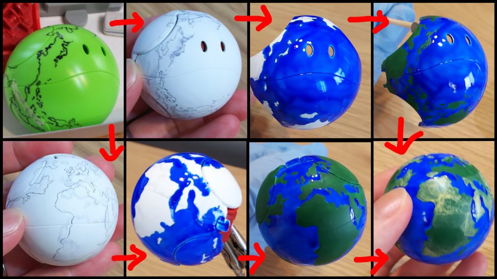 Earthハロは、まず油性ペンで下書き→アクリジョンベースホワイトをサフがわりに筆塗り→更にシャーペンで下書き→クリアブルーを大陸以外の部分に塗り塗り→大陸部分をフラットベース混ぜのグリーンで塗り塗り→大陸部分は更にドライブラシ風に重ね塗り目の部分はシルバー→クリアレッドからブルーのグラデーション→クリア上塗りで仕上げてます！