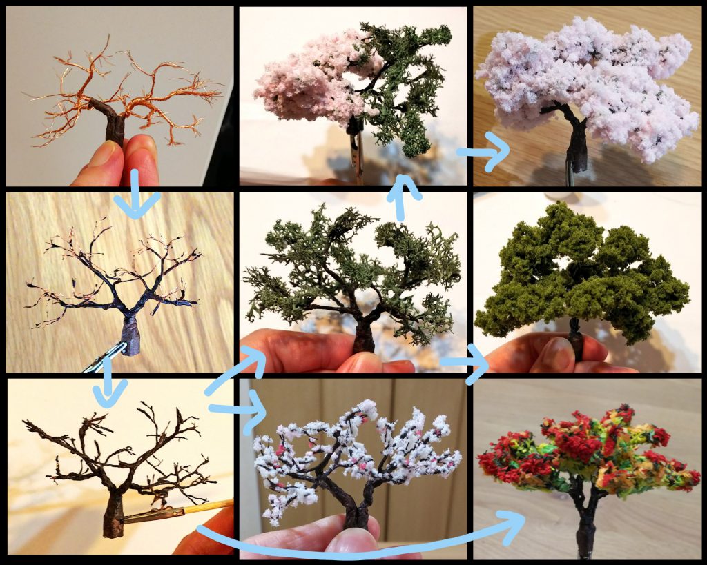 台座の木々たちは…いろいろな方のブログや教本を読み。銅線から木を作ることに！それを木工用ボンド＋水性絵具を混ぜ着色硬化したものに…それぞれ珪藻、スポンジ、和紙をくつけて、満開の桜、青々と繁る木、紅葉、梅の木を作りました！