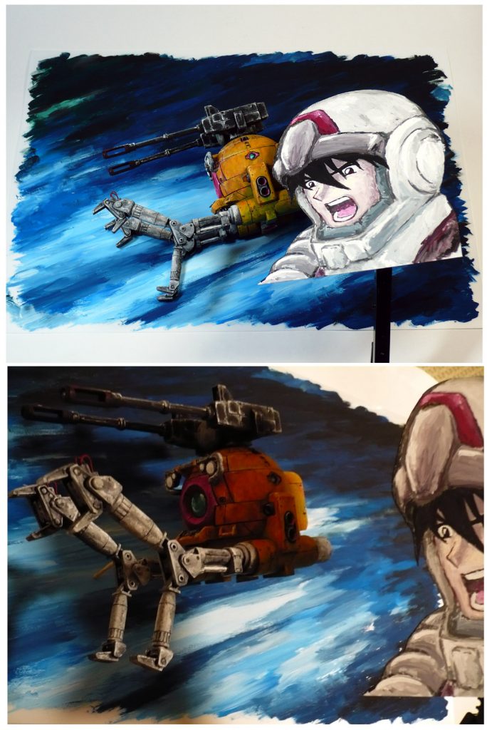 宇宙空間を高速移動しているような背景は夏頃に描いていたのを使用しました。手前右側のエフェクト・シローはアクションベースの支柱で浮かせています。フラッシュ撮影すると色が白っぽくなってしまったので再度撮影し直しました。[下側画像]ボールをやや正面（カメラ側）向きにしたかったのでボール本体下にメラミンスポンジを入れアームは爪楊枝で支えて（棒が画像にも見えると思います）LEDミニライトをボールの正面・画像左側から当てて下背景に映る影を消し、ボールにも効果的な陰影を出す事が出来ました。偶然。演出の為、妙に曲芸的な撮影を行いました。