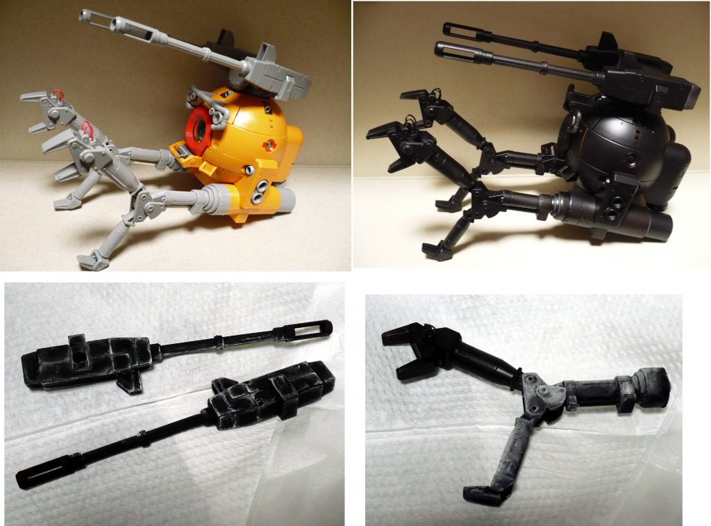 締め切り間近で慌ただしく制作・筆塗り塗装を行っていたので普段の様な塗装状況画像がそれほど無かったです。素組み(左上)を黒サフ(右上)で噴きました。アームの塗り始め状態です(右下)画像に映っている部分だけで2時間かかり結局アーム全体2本分で6時間の筆塗りとなりました。絵のインパクトが強いかもしれませんがボール本体を質感良く筆塗り出来たので満足しております。最後までご覧いただきありがとうございました。