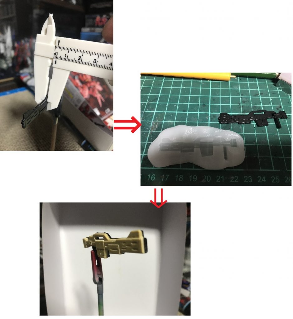 ライフルはワンパーツで2ｍｍの厚みだったので片面をお湯丸で、かたどりエポキシパテで復元して貼り付けて太らせました。