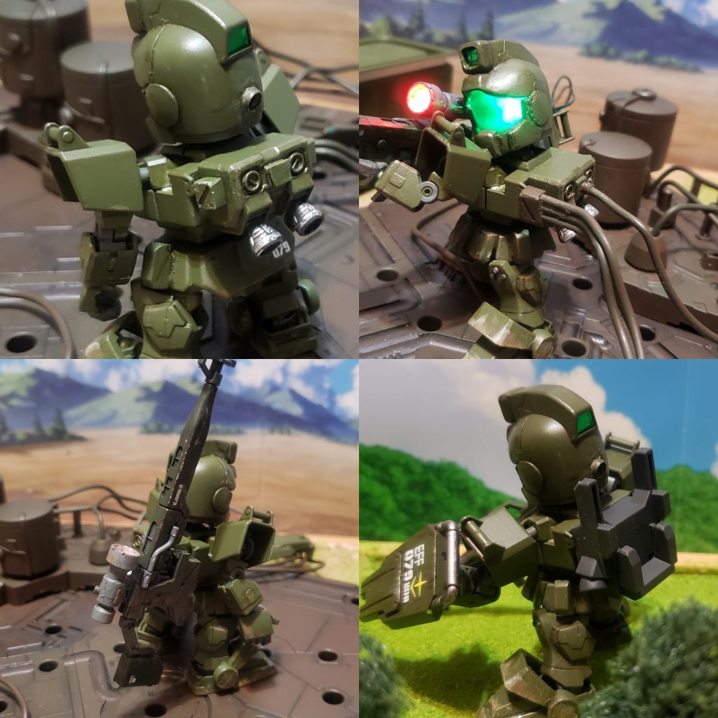 バックパックはノーマル状態の他、外部コネクタを接続したり、ウェポンラックを取り付けたり出来ます。 また、バックパックの接続穴をそのまま残しているので、陸戦型ガンダムの物にすることも可能です