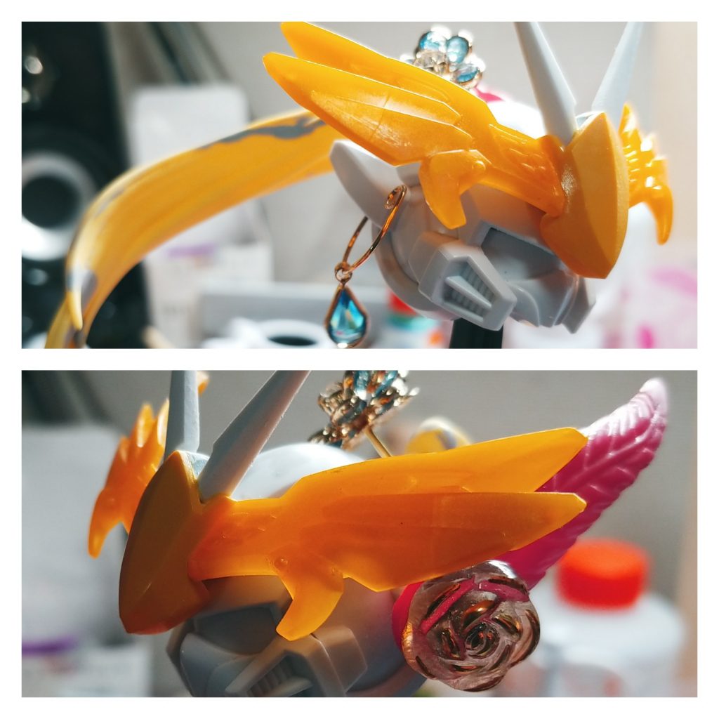 頭は装飾の塊。後ハメによる顔のクシャトリヤ化、ポニテの追加、ピアス、花飾りを付けたりしてます。