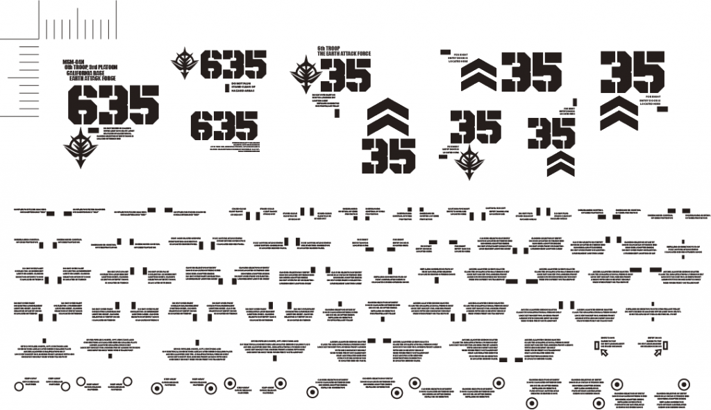 自作デカールはリコーSP C250Lプリンターで出力しています。マーキングは大好きなZEONOGRAPHYをお手本に、場所に合わせたサイズと形でグラフィックデザイン的に処理。細かいマーキングは汎用的に使えそうなデカールを大量に出力しておいて、その場その場で貼っています。いずれも白デカールは発色のために2枚重ねで貼りました。「35」の数はリアル画稿に描いてあるマーキングから引用。左胸や右足など、マーキングの位置でも参考にさせてもらいました。頭の(大隊番号?)「6」は既に作ってあったアッガイと共通にしたものです。
