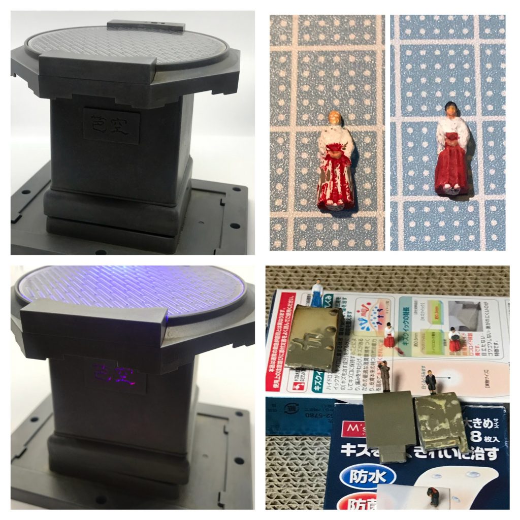 ベースはアクションベースや100均の電飾等でできてます。
フィギュアはNゲージのを多少整えて塗装してます。