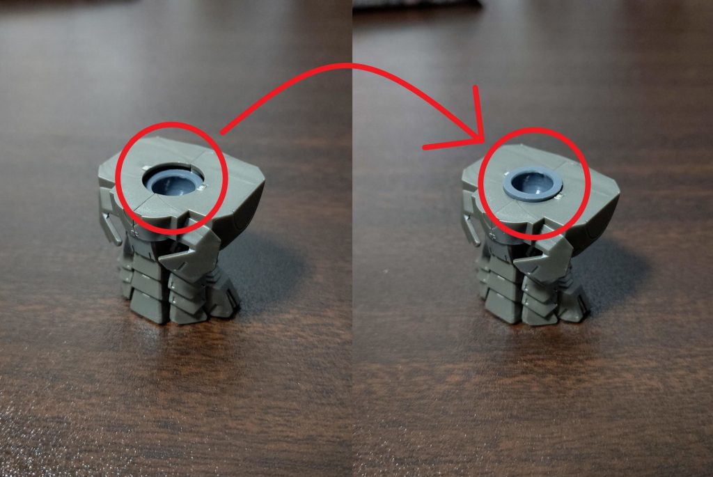 超簡単な腰延長。ポリキャップの凸部分が説明書指定の位置の上に引っかかるスペースがあったので移動。余分な隙間は粘土で埋めました。ポリキャップの強度は十分なので前後左右に屈伸しても重みに負けたりはしません。