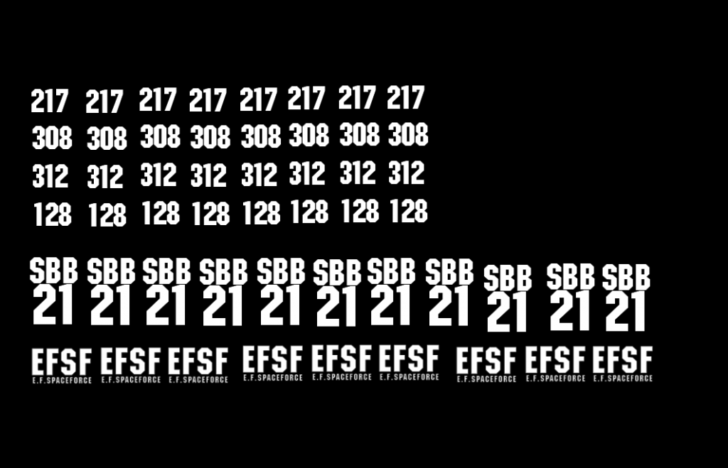 F式WD用デカールデータ他機体も作るので、マゼラン級21番艦所属としました肩EFSF下の文字は抜けなかった。レーザープリンタのホワイトトナーなら出るんだろうなぁ