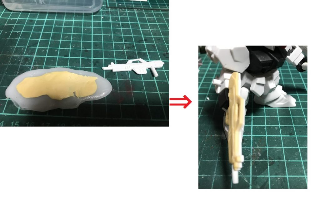 ライフルは、先日制作したSDサザビー同様、お湯丸でかたどりエポパテで復元して貼り付けて太らせました。