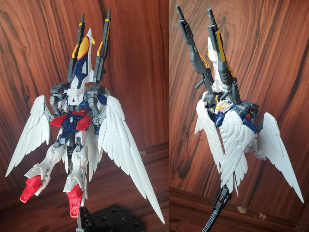 ネオバード形態(大気圏外モード)
旧キット故もあってか副翼がへなってなったり、ジョイントと主翼が干渉したりとてんやわんやしたけど何とか撮れました()。
ちなみにですがバスターライフルのグリップが出っぱなしなのは先代(過去にもウイングゼロ作ってたこちらは素組み)が遊びすぎてへなへなになったのであまり動かしたくなかっただけだったり。
余談ですが上記二枚の画像はイラスト描く趣味で利用していたibisPaintにて加工しました。
ようやく武装詳細に入ります。