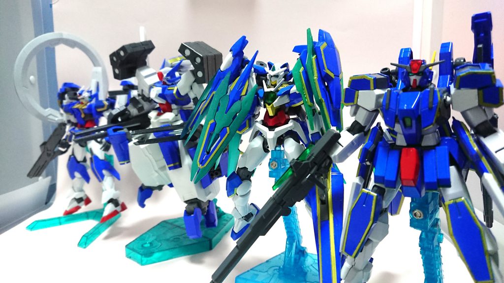 ブルナポガンプラも4/5!奥から、上条春菜カスタム:ダブルオーダイバー松本沙理奈カスタム:セラヴィーガンダムシェヘラザード佐々木千枝カスタム:ダブルオーシアクアンタそして本作、川島瑞樹カスタム:ケルディムガンダムあとは荒木比奈カスタムのみ!