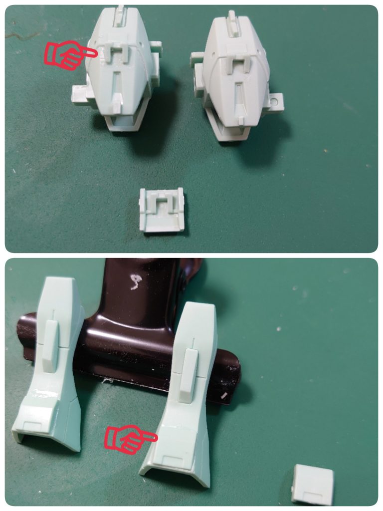 コテパーツ自体や裏の凸部分を加工して、腰前面とふくらはぎに付けてディテールup！ヾ(’Ｏ’)/