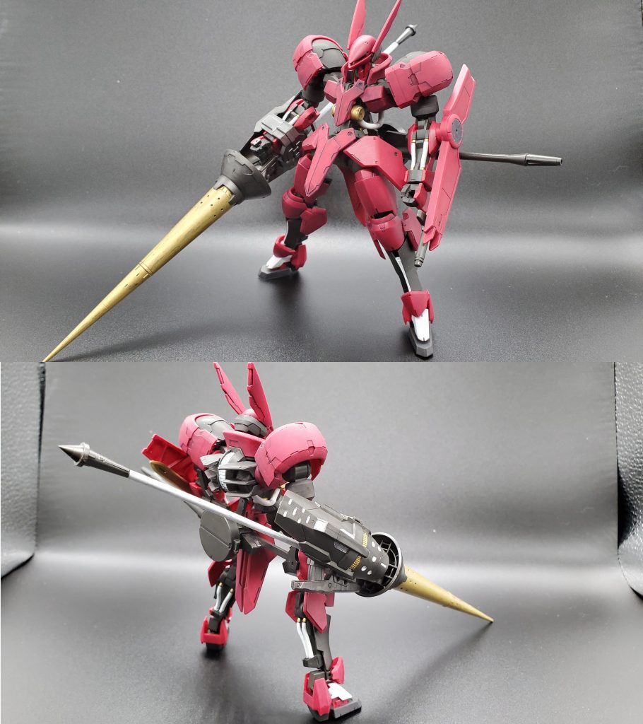 HG 1/144 グリムゲルデリアルタッチマーカーでスミ入れ腰部・腕部・脚部をガンダムマーカーで塗って、つや消しで仕上げ。武器はM.S.Gのバトルランスです。パーツ数がとても少なくあっという間に組めました。
