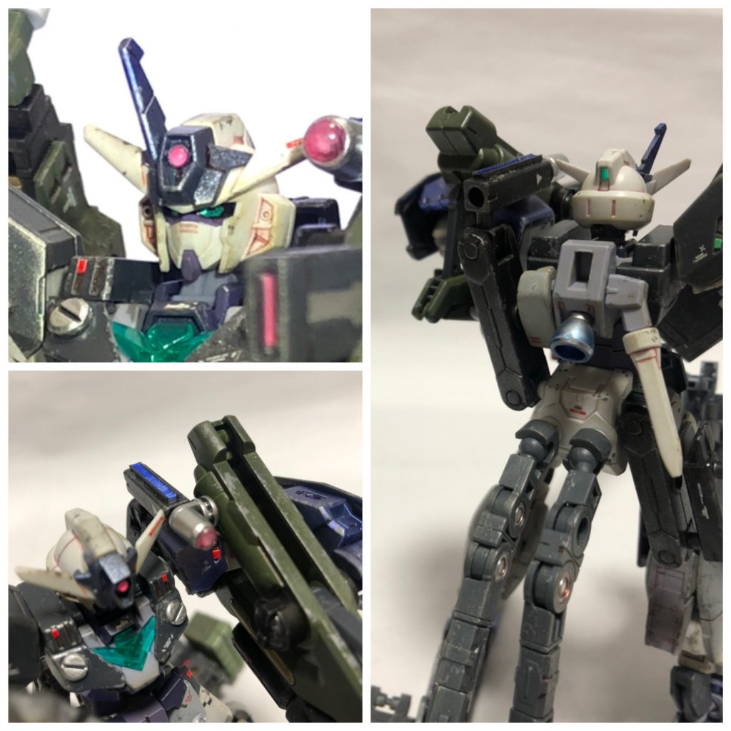 ヴィートルーのデザインは全体的に好きなのですが唯一真ん中の一本角がどうしても嫌だったのでちょん切ってずらしてます頭のピンクのセンサーはガンマカピンクにレジンコーティング各種装備と本体への接続は腰に装着したサブアームを展開してガトリングと接続　腕への負荷を軽減するとともに射撃時のブレを低減無限軌道からアームが伸び腰部に接続背負いものの重さで後ろに倒れないようにまた、フレキシブルに可動するため足の動きを妨げません