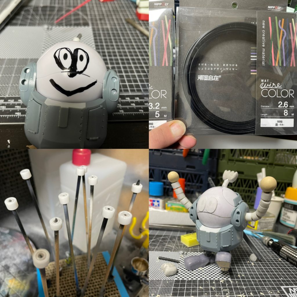 ハロのままだとイメージわかないので適当に描いてみたり。腕はデザインワイヤーとプラパイプ、パテを使用。プラパイプは8ミリパイプの中に5ミリパイプを仕込んで接着。少し緩いのでパテで隙間埋めつつキツさも調整。