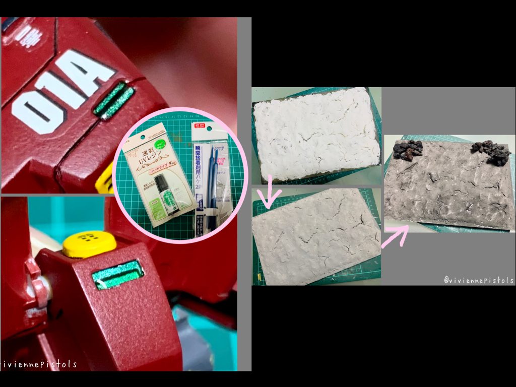 メタリックグリーンを一度塗装してから、グリーンのレジンを流し硬化させました。台座も制作しました。