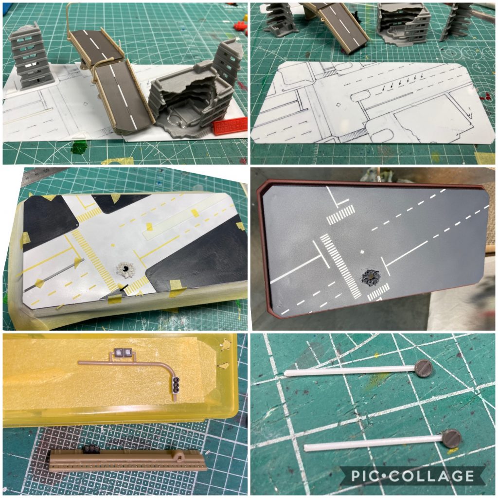 ベースはダイソーのケース。半壊ビルと道路橋はアルティメットルミナス。信号や標識はプラ棒、ランナータグ、コトブキヤのプラユニットから作りました。信号や街灯はUVレジンから。
道路の白線は、白を吹いてからマスキングしてグレーを吹きました。塗装後にエナメル塗料でウォッシング、チッピングしました。