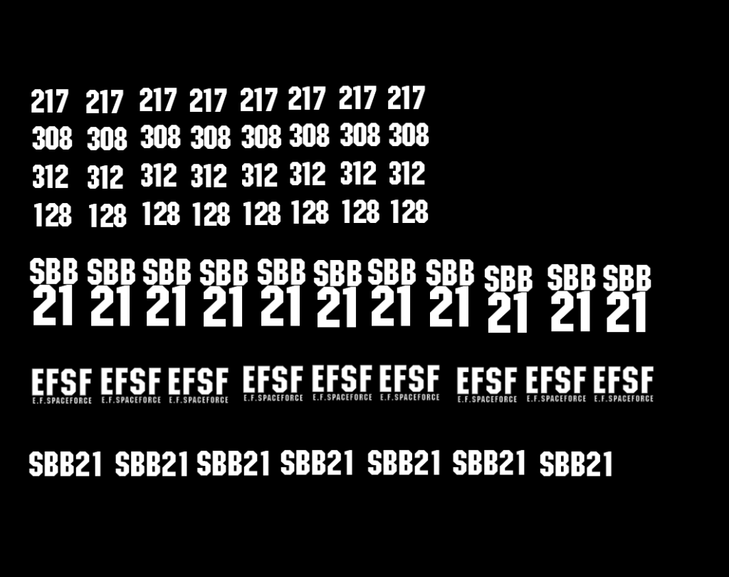 F式WD用デカールデータジムキャノンのキットを見ると、尻のアーマーにも艦籍番号が入っていたので、今回作成してスナイパーにも貼りました