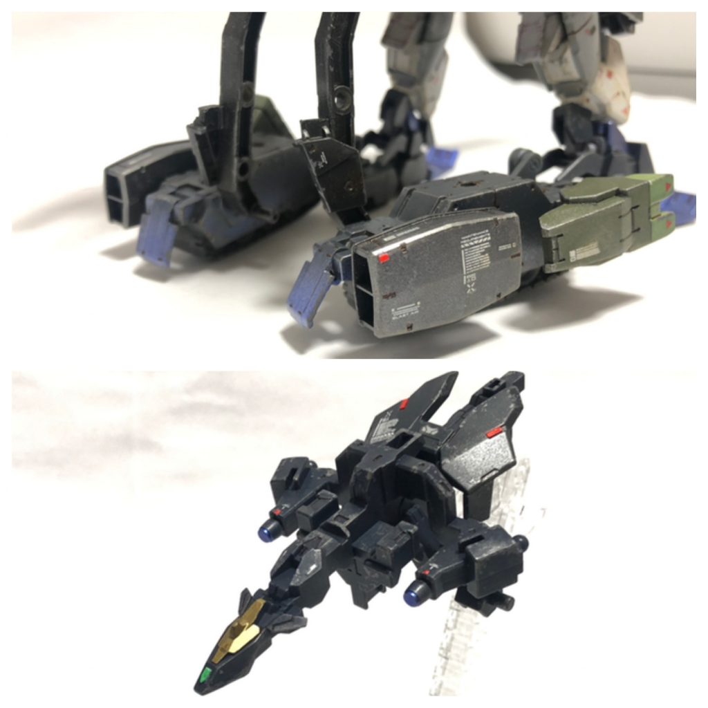 無限軌道後部にホバーユニットを装備フレキシブルに稼働することにより無限軌道との併用で緊急旋回や緊急停止果ては短距離のジャンプなどトリッキーな動きを実現するドッキング後の残ったハンガーパーツは上空から索敵などの支援を行いますヴィートルーの後部腰アーマーをつけたままにしてちょっぴり航空機っぽくしてみました