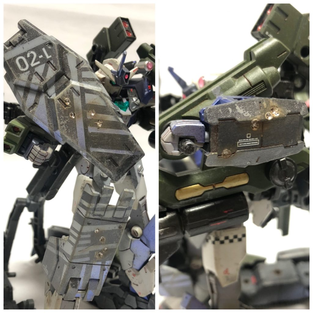 砲撃機なので機体半分覆えるデカいシールド！ガトリング側の腕にもスモールシールドをデカい方にはダズル迷彩風に塗装したけどダメージ加工と汚しすぎて迷彩が目立たない…