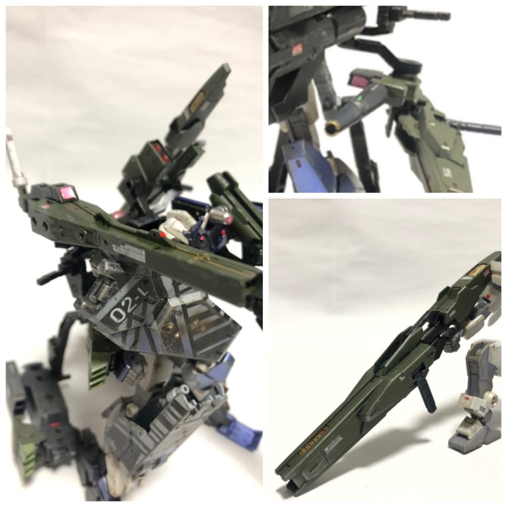 ビームキャノンやビームバズーカを装備キャノンのセンサー部(写真左の四角いピンク)実は100均の蛍光色のふせんを切ったものにレジンでコーティングしてます