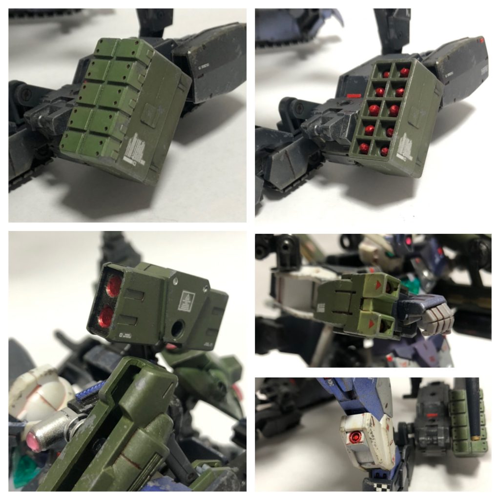 各種ミサイルポッドミサイル総数は18発搭載10連装のミサイルポッド(上段)はボールデンのものミサイルついていなかったのでプラ棒削って作りました大きさ揃ってないww温かい目で見てください