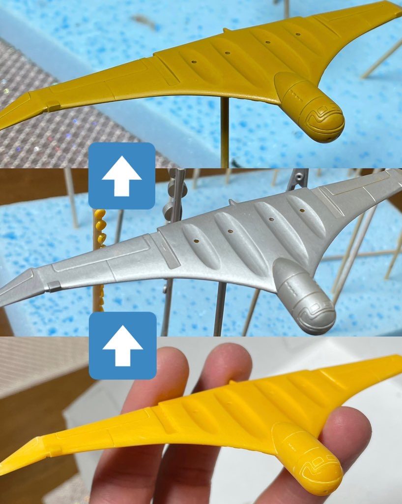 塗装の状況です。
合わせ目消し
スジボリを増しボリ
ヤスリがけ
シルバーで塗装
イエローオーカーで塗装
しました。
今回初めてエアブラシで塗装しました。
塗料らファレホメカカラーを使っています。