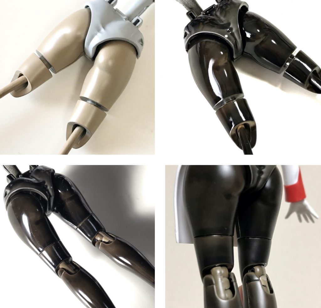 脚はタイツ風にしたくて…脚をタン、下着を明灰白色で塗り、上からスモークを2層、最後にツヤ消しトップコートを吹きました。これはガンプラなんだ、あくまでガンプラなんだと、繰り返し自分に言い聞かせながら作業しました（笑）