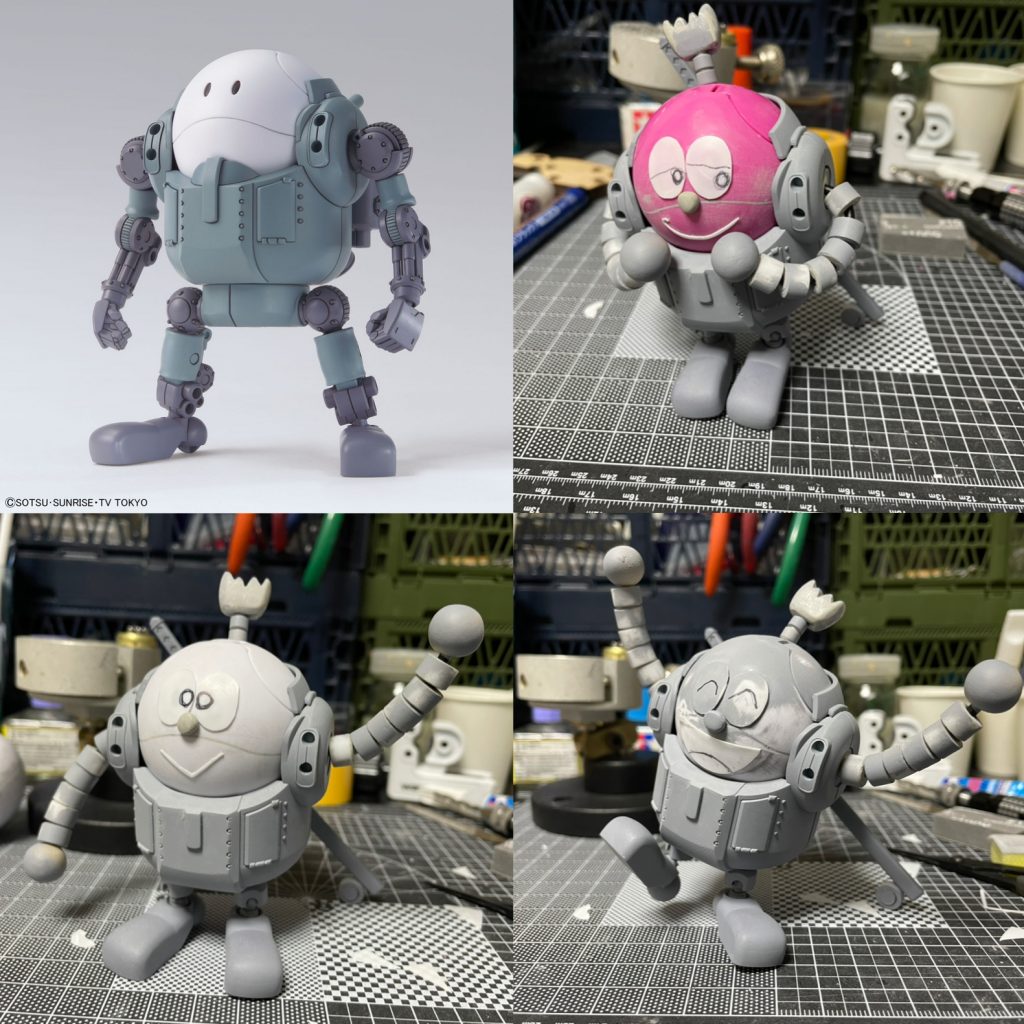 元キットとそれぞれのラフ。ハロ3個用意してます。ちょんまげと鼻はパテ。目と口はプラ板。ちょんまげの結ってあるとこは5ミリパイプ。軸は3ミリのアルミ針金使ってます。足は股関節の接続から引っこ抜いてボールデンにしました。