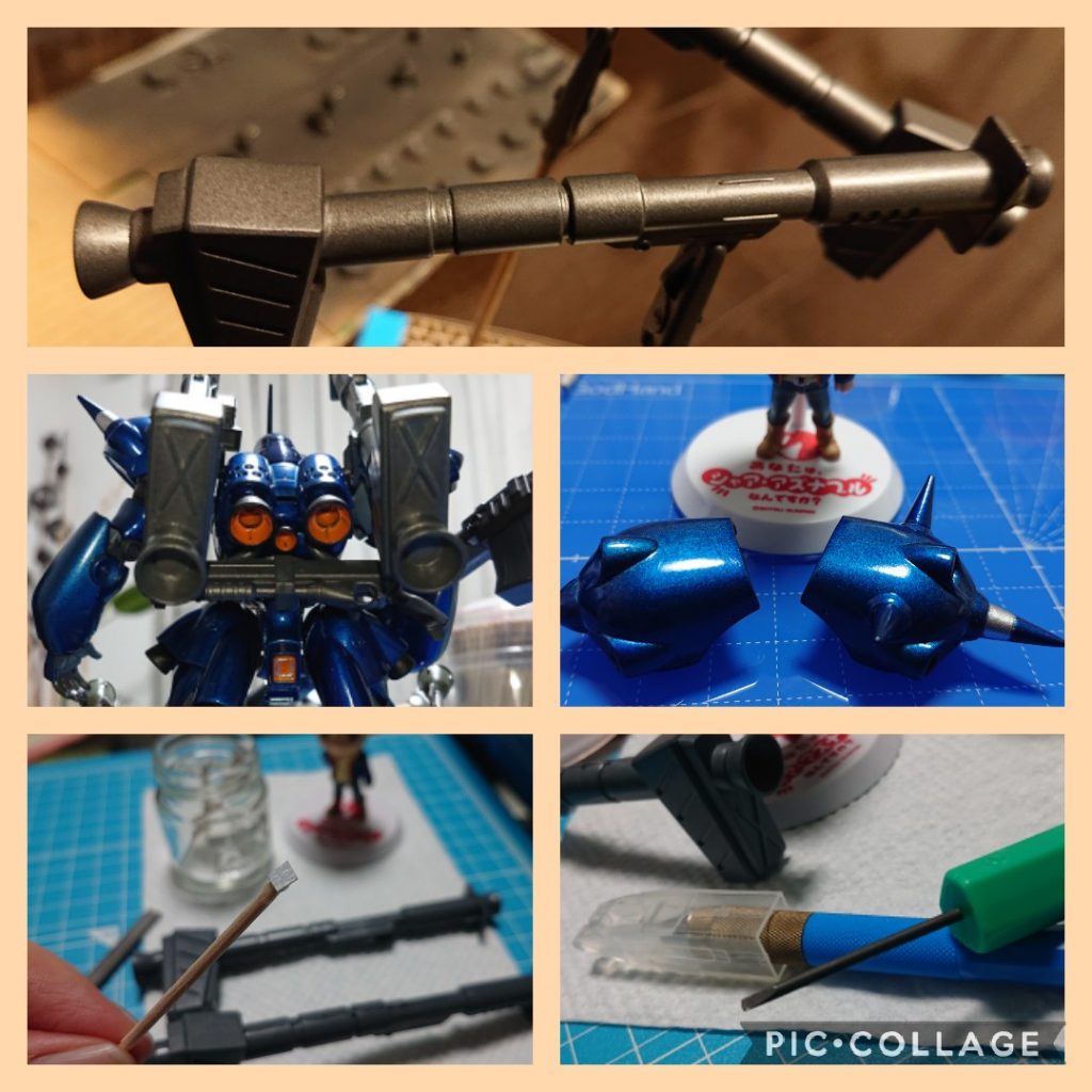 合わせ目消しです。接着にはタミヤセメント流し込みタイプを使用するのが自分には１番合っているようです。なお、ケンプファーは豊富な武器が魅力ですが、ほぼモナカ構造の為、合わせ目消しがたくさんでした💦特にジャイアントバズ背面？の「✕」部分はヤスるのがとても難しくて四苦八苦しました。。😖色々やり方を調べたりTwitterで教えていただりしてなんとかなりました。結果、自分の場合は「爪楊枝ヤスリ」とマイナスドライバーの先をヤスリで削って作った「タガネ的なもの」を作って、そちらで仕上げました。ショルダー部分はパーツ接着時に少しズレがあったのでヤスってみると少し隙間ができてしまいました。。😧💦そこはランナーパテや瞬間接着剤などで埋めつつヤスりつつを何度も何度も繰り返して最後はなんとか埋まったので塗装して合わせ目が綺麗に消えた時はとっても嬉しかったです😌✨