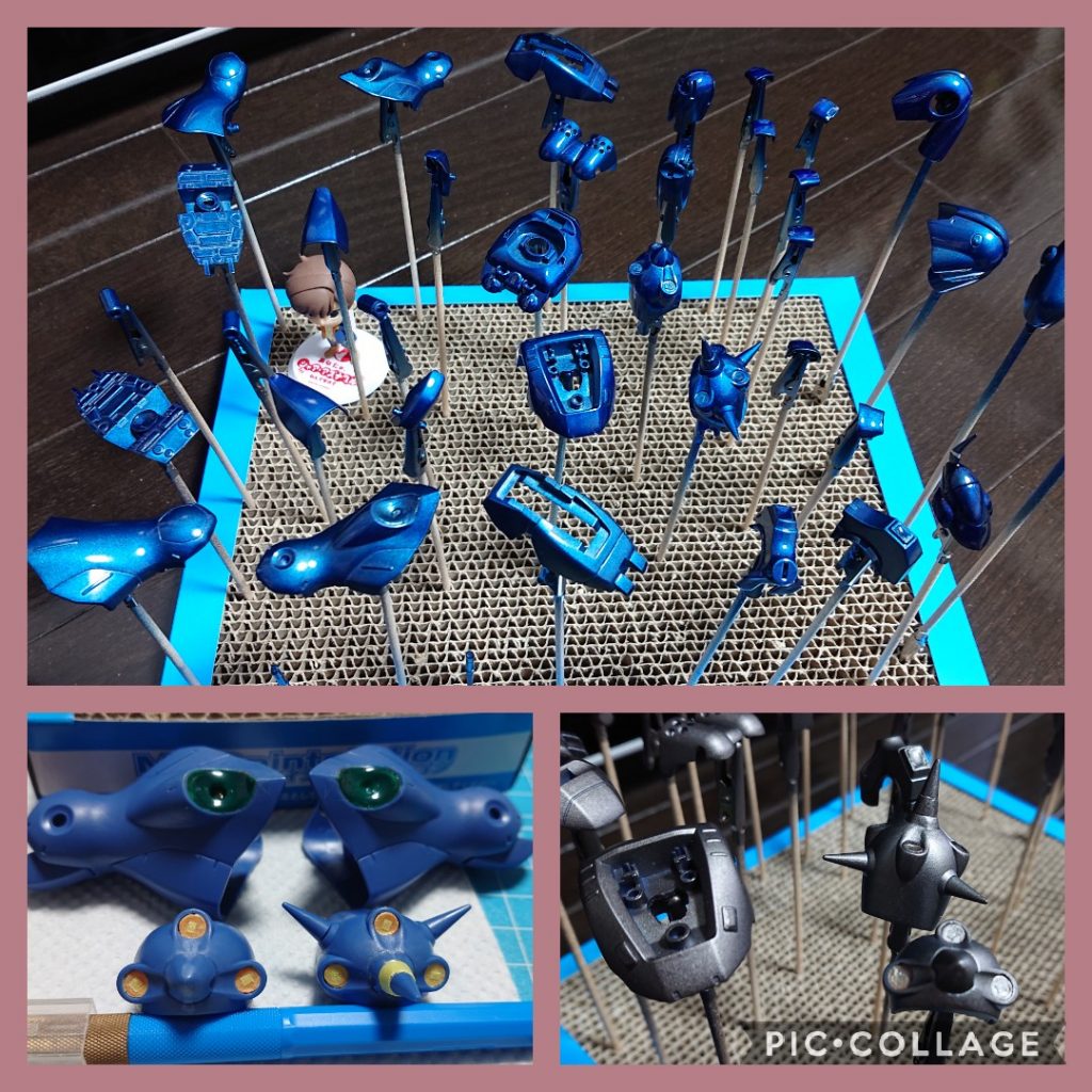 マスキングは円形部分があったので不安だったのですが、マスキングゾルやスーパーパンチコンパスを使用してみました。塗装後、はみ出した所はデザインナイフで削ったり、ガンダムマーカー消しペンで消したり、面相筆で塗り直してリカバリーすることが出来ました🙋そしてイージーペインターでの塗装ですが、そこそこ綺麗にムラなくできたと思います。ただ、塗料ケース(瓶)が小さく直ぐに足さなくてはいけなかったり、ケース(瓶)の底に塗料が吹ききれずにけっこう残ってしまう等の問題がありました。また、スプレー缶も容量が少なく、交換が頻繁になるとせっかくの手軽さが失われるなぁと感じ、2回目以降は市販のダスタースプレーと紙コップを使用して問題解決？しました。ただ、交換タイミングが減ったかわりに長いこと同じ姿勢で作業したせいで腰を痛めました。。👴💦他にも、スプレー自体の容量はアップしたものの、やはり缶が冷えてしまうと噴射が弱まってしまい温めないといけないのでそれはそれで考えものだなぁと思いました。(こちらは充電式エアブラシを買ったので今後はまるっと解決する見込みです😏)