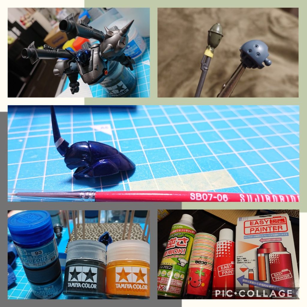 全体塗装は細かい部分を筆塗りで。他はイージーペインターを使用しました。塗料は新水性ホビーカラーです。この写真には載ってないのですが😅メインの筆はタミヤさんの平筆No.1です。あとはスジボリ堂さんの面相筆。この2本があれば自分は大丈夫そうです。なお、ウォーターパレット🎨を自作して使用しています(こちらも画像なし💦)。これで塗料の乾燥が防げますし、筆塗り時のムラもあまり感じずスムーズに塗れました🖌️✨※頭部はすべて筆塗りです。画像左下が主に使用した塗料なんですが、   ・本体下地→焼鉄色   ・本体色→クリアーブルー   ・武器&中間色→焼鉄11:ﾈｲﾋﾞｰﾌﾞﾙｰ5:ﾆｭｰﾄﾗﾙｸﾞﾚｰ3   ・バーニアなど→ｵﾚﾝｼﾞｲｴﾛｰ4:ｸﾘｱｰｵﾚﾝｼﾞ:6です。他の細かい所はシルバー、青鉄、ミディアムブルー、ダークグリーン、カーキグリーンも使用しました。事前にあまったランナーに何度も筆塗りして具合を確認しながら調色しました。特に本体は色んなパターンを試したのですが、下地塗装と分ける2度塗り方法が良いと感じ決定しました。イージーペインターは後述しますが2回目以降使用時は簡単な改造を施して使用しています(紙コップとダスタースプレー)。