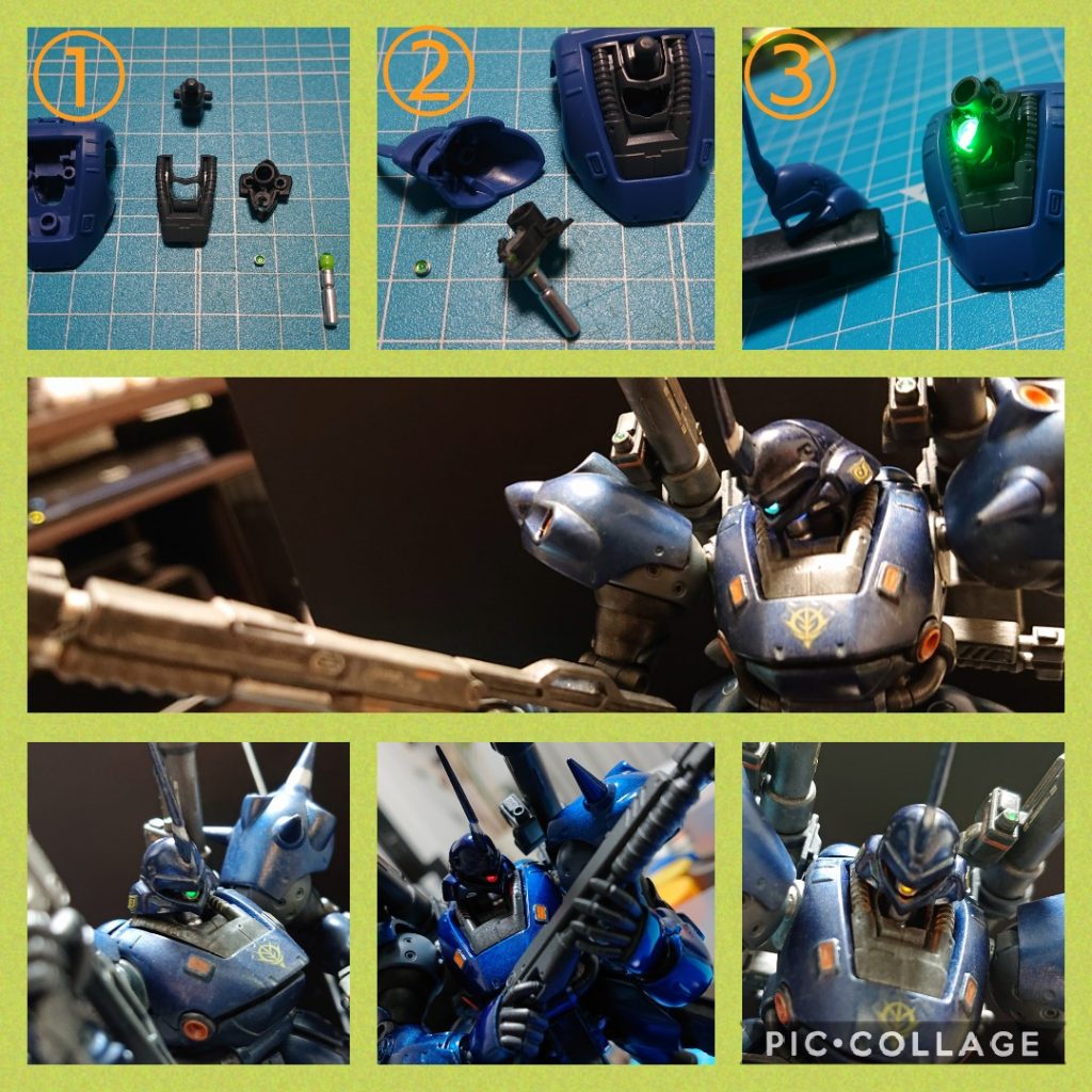 モノアイ改造です。これはケンプファー作るときに必ずやりたかったのです。色々Webなどで調べてみて、配線とかは今の技術力ではムツカシイかなと考え、手軽にモノアイ発光表現が可能なミライトを使う事にしました✨そしてせっかくミライトを使うなら着脱可能で色変できるようにしたいと考えました。ただ、HGで1/144サイズだと頭部に埋め込む場所がかなり限られることや、首部分をミライトに置き換えると稼働面の柔軟性も失われ着脱交換も厳しいとなり、かなり考えた結果、首ではなく、顎下部分をくりぬいて胴体までスペースを確保し、頭部もある程度柔軟に動かせる形にしました。顎下でむき出しになるミライト本体はシルバーなので普通に首のディテールアップパーツのように見えるかなーと思いそのままにしました。そこまで違和感は無いかなと思っています☺️なお、掲載した写真では主にグリーンのモノアイとしていますが、こちらの写真では中段が「ホワイト」、下段が左から「グリーン」、「レッド」、「イエロー」のLEDを使用しています✨👀✨