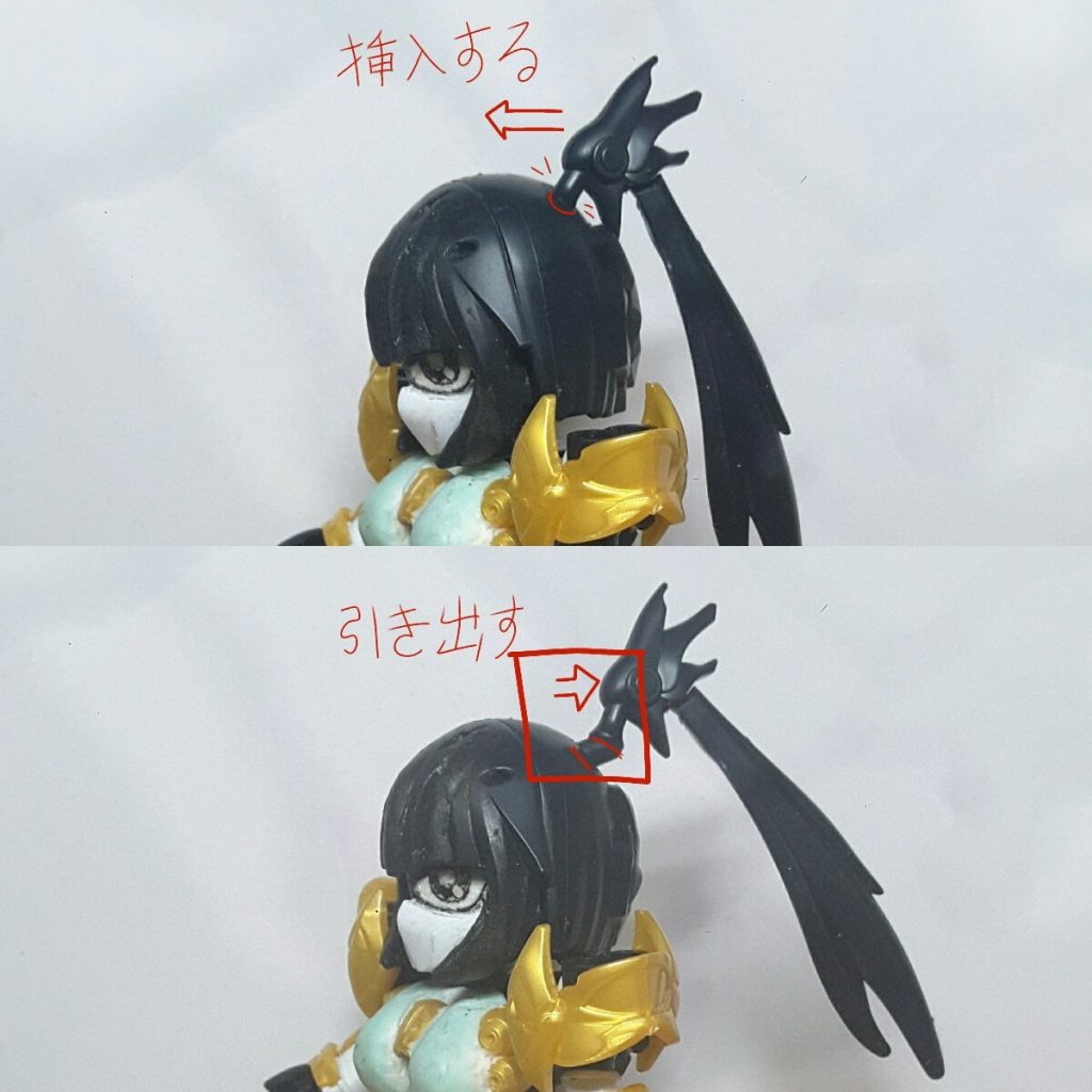 後ろの頭の穴が十分に深いので、この写真のようにダブル長い三つ編を引き出すことができます ^_^