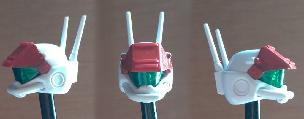頭部ゴーグルは元のパーツを原型にしてヒート・プレス!使用したのは透明タッパーとライター。クリアグリーンの彩色は実はマッキーです。マクギリスでない。ツーっと重ねないように塗ると結構申し分ない塗膜なんですよ。これもnippperでやってた。内部はMGジムコマンドを参考にゴーグル内部にディテールを盛ってます。頭の上の追加装甲は趣味。連邦軍レリーフ好きな人ごめんね。しかしこの色とこの顔つき、確かにバイfaム……