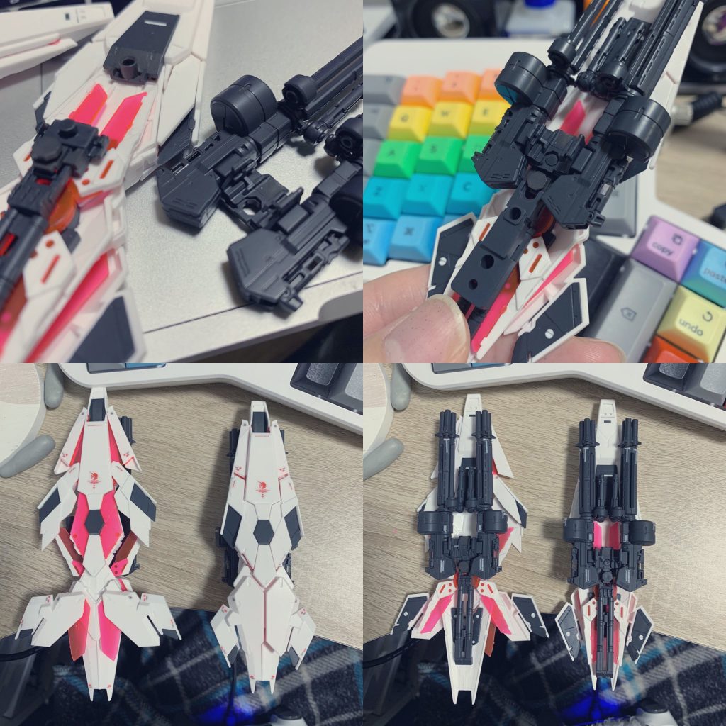 アームドアーマーDEにビーム・ガトリングガンを取り付けるのは案外難しくなく画像のようにガトリングガン接続パーツをそのまま取り付けてます。ガトリングガン側は接続パーツをカットすることで、DEのアーム部分と干渉しなくしました。