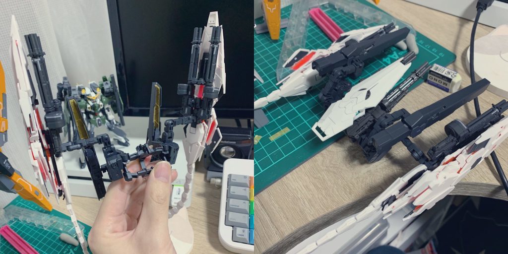 背面レールにアームドアーマーDEとセラヴィーのGNビームキャノンを懸架した状態です。バトルアームアームズの保持力が優秀なのですが、流石に地面と並行にするとビーム・ガトリングガンを接続したアームドアーマーDEの重さに負けるのでやや上向きにします。