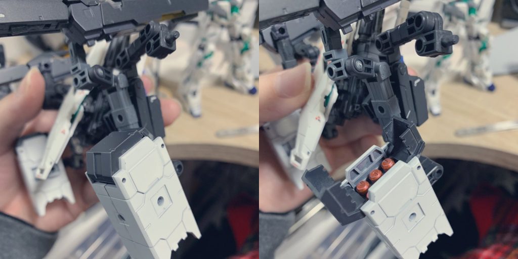 背面レールに余っていたコトブキヤのミサイルユニットを懸架しました。Iフィールド対策として一応実弾兵器積んでます。