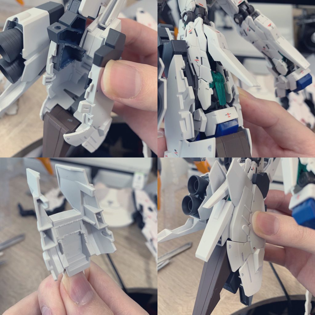 ナラティブA装備の大型ブースターはユニコーンの脚だと大きすぎるので、画像の箇所を削っています。意外なことにこの部分だけですっぽり収めることができました。カバー部分はガッツリ削っています。真ん中の部分がユニコーンのスラスターに干渉したのでごっそり削りプラバンで蓋をしました。ユニコーン側はくるぶし装甲の後ろ側がカバーに干渉したので削っています。カバーが意外とカッチリとハマるのでブンドドしても取れにくいです。