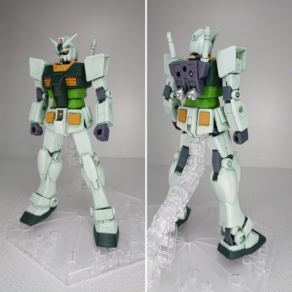 正面と背面斜め45°から非武装状態です。塗装はすべて筆塗り。以下、覚えてる範囲のレシピ(すぐ忘れちゃうんです(-_-))濃い緑…シタデルカラーCALIBAN GREEN薄い緑…シタデルカラーMOOT GREENガンダム本体…ミスターウェザリングカラーのフェイスグリーンガンダム関節・ヴィートルーウェポンズ…ミスターウェザリングカラーのレイヤーバイオレット黄色…シタデルカラーAVERLAND SUNSET目やセンサー…4アーティストマーカーのシルバー→ガンダムマーカーのメタリックオレンジ下地は…最初の失敗したカラーがその役目をはたしている…と言っておきます…