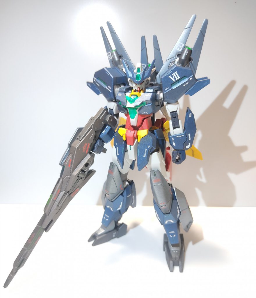 アーマー青部:白サフ→メタルダークブルー→メタルブラック砂吹きアーマー白部:黒サフ→アイスシルバー→メタルブラック砂吹き背部センサービット:黒サフ→磨き→白サフ→アイスシルバーライフル:白サフ→焼鉄色コアガンダムクリアパーツ、各部アーマーモールド:蛍光グリーン仕上げにつや消しトップコートをしてます