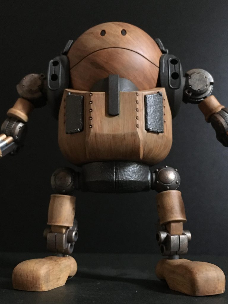 関節部分はアクリジョンベースカラーのグレーを一度塗ったあとにタミヤカラーのメタルグレーやゴールドコッパーを、とくにコッパーはぼかし筆でぽんぽんと控えめに叩きつけるように塗料を置く感じの一度塗りです。