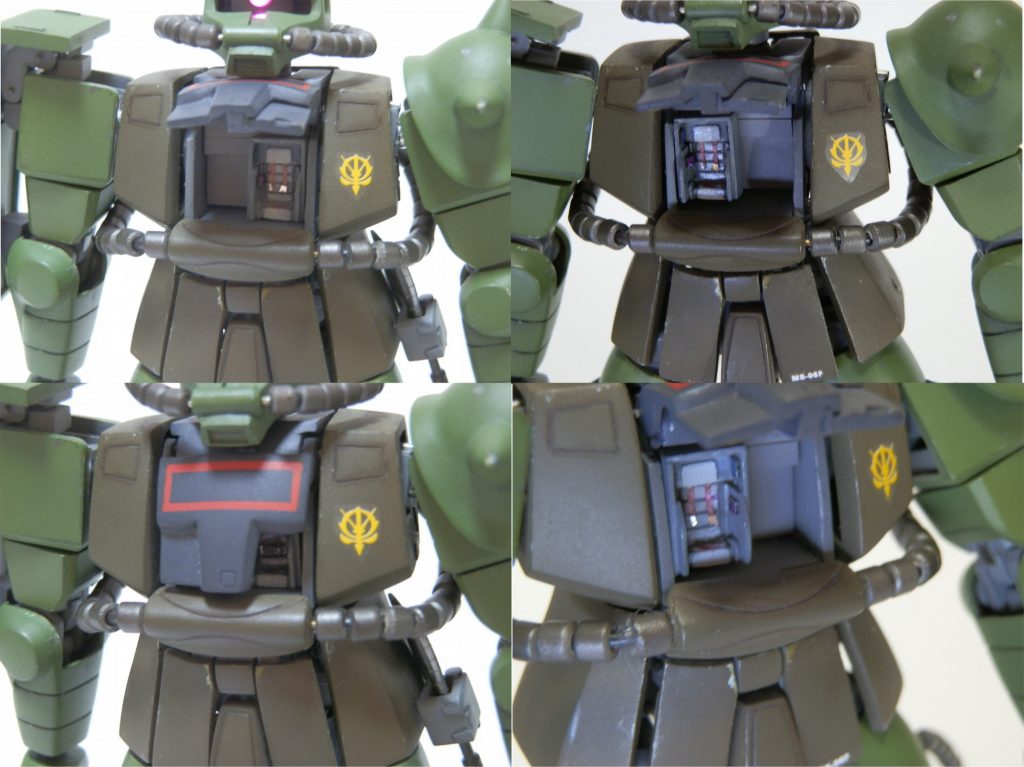 搭乗ハッチ、胸部ハッチ開閉とコックピットブロック移動を再現しました。その他、開閉式バズーカラッチ、ヒートホークホルダーを自作しました。