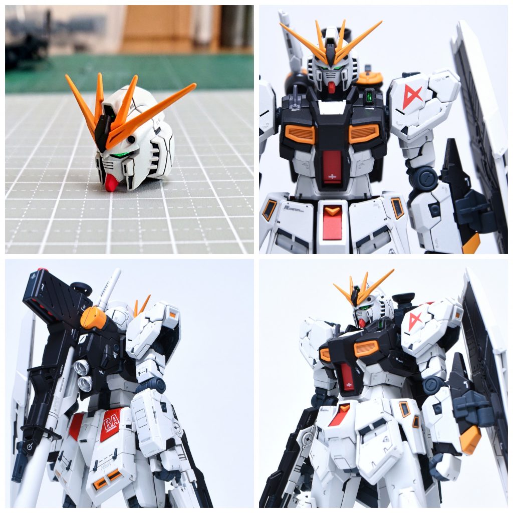 1枚目の顔画像めちゃくちゃ格好良くて気に入っています。頬の内側や腰の連邦マーク脇、肩装甲の裏側など細かなポイントですが影になる部分をジャーマングレーで塗り分けしました。