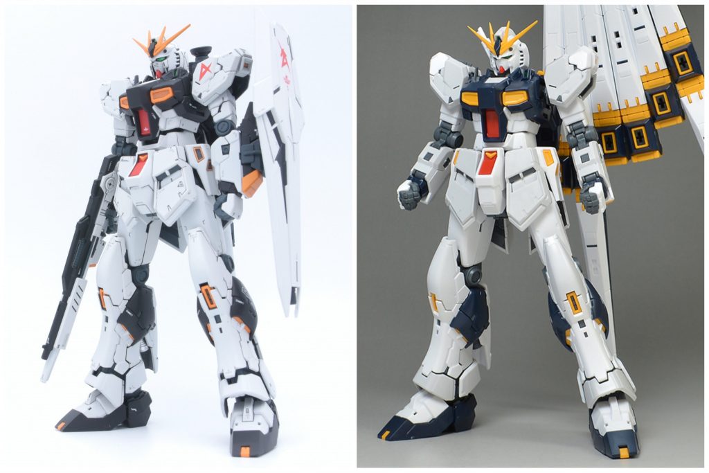 素組との比較。プロポーションは一切変更していませんが、顔をすげ替えたことで童顔→大人のνガンダムになったと思います。元キットももちろん格好良いんですけどね。この辺は好みでしょう。最後まで見ていただきありがとうございます!