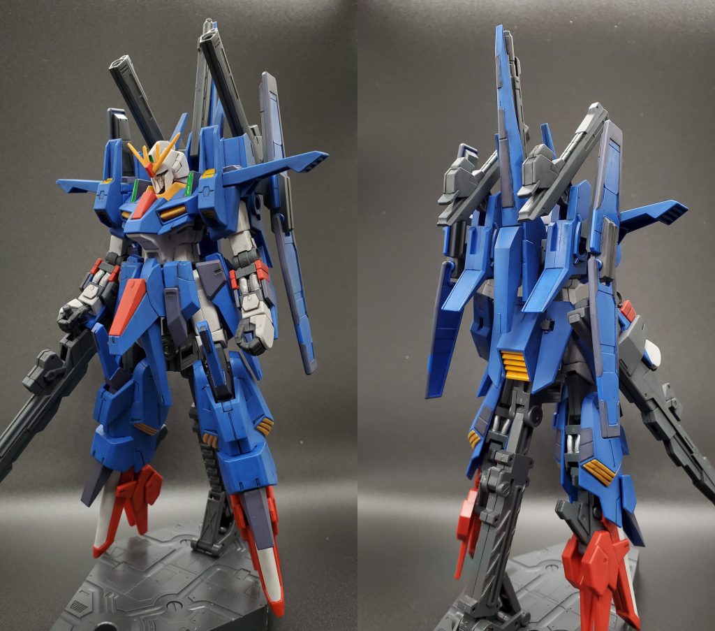 HGBF 1/144 ZZII 青が単調すぎるように感じたので少し同系色を入れてみました。他はシール部を同じ色で塗って、腕や脚のダクトをシルバーにしました。スミ入れとつや消ししておしまい。ウェザリング以外の塗装はすべてガンダムマーカーです、めっちゃ便利!環境的にエアブラシは厳しいので、筆塗くらいは覚えようと思います。